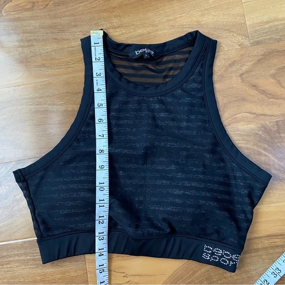 🔥Bebe Sports Bra Black Striped Sheer Sweat Wicking Workout Gym Yoga Running L - Picture 7 of 8